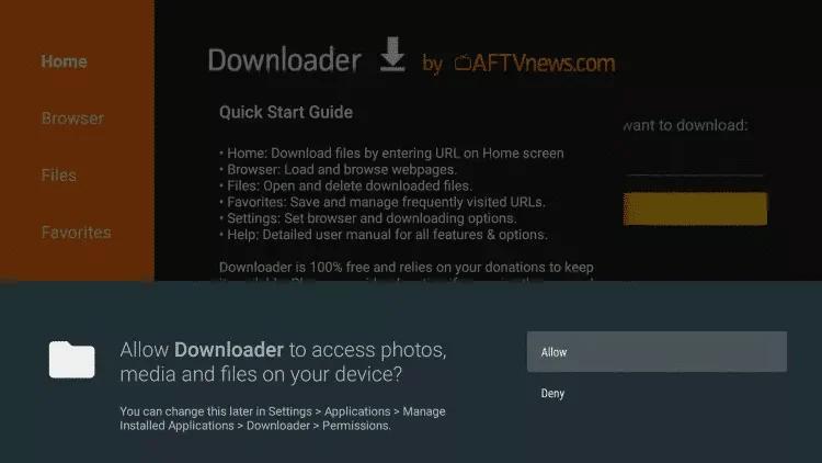 allow Downloader app permissions Firestick