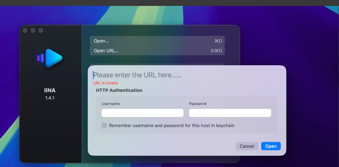 IPTV Mac launch IINA player click Open URL option MyTVWay