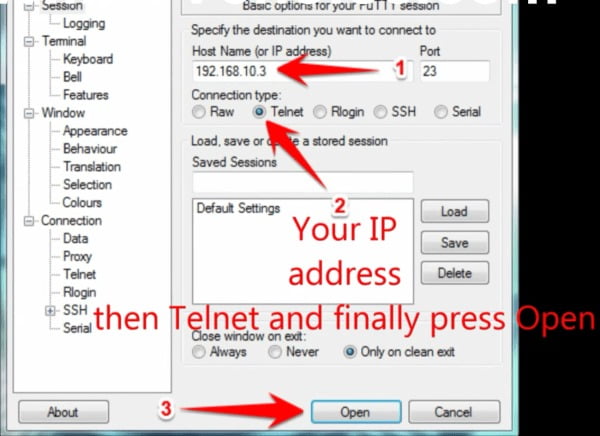 IPTV Enigma2 PuTTY Telnet connection setup IP address port 23 MyTVWay