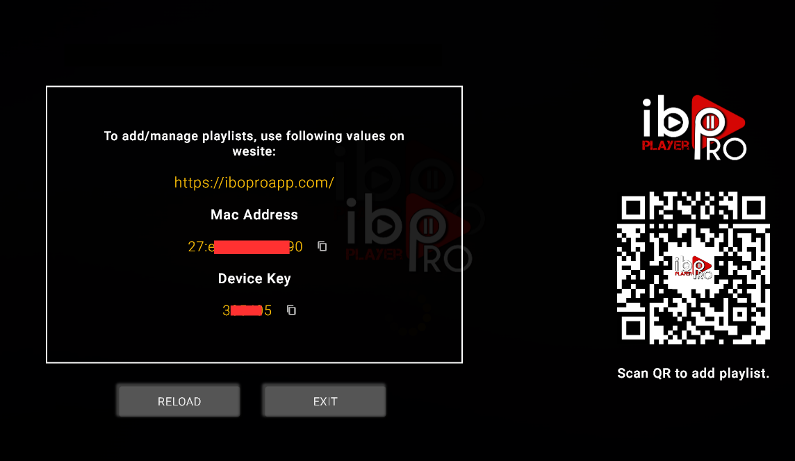 IPTV iPhone IBO Player Pro MAC address and device key screen MyTVWay
