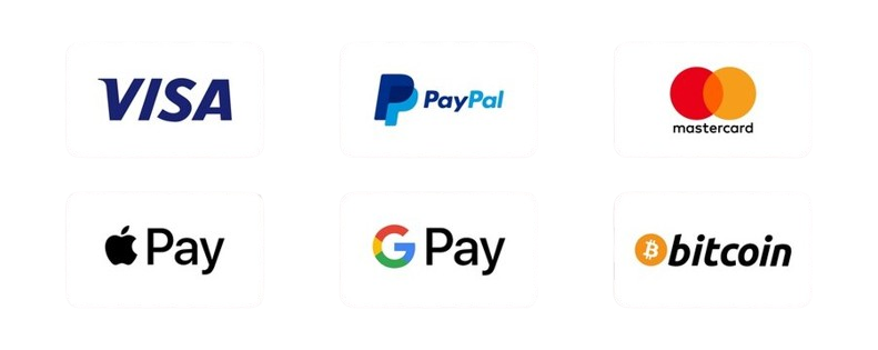 Accepted payment methods - Visa, PayPal, Mastercard, Apple Pay, Google Pay, Bitcoin